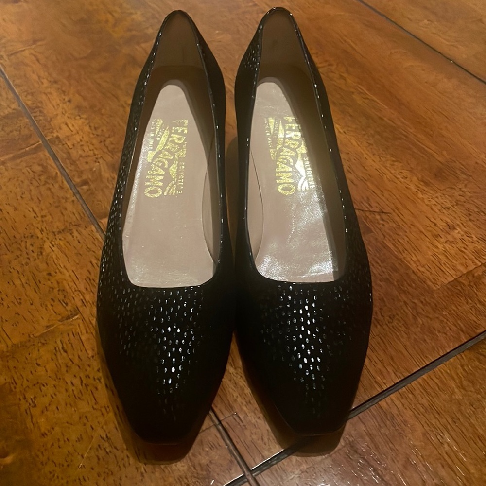 Salvatore Ferragamo black suede, Ladies 8 1/2 AA, very elegant.